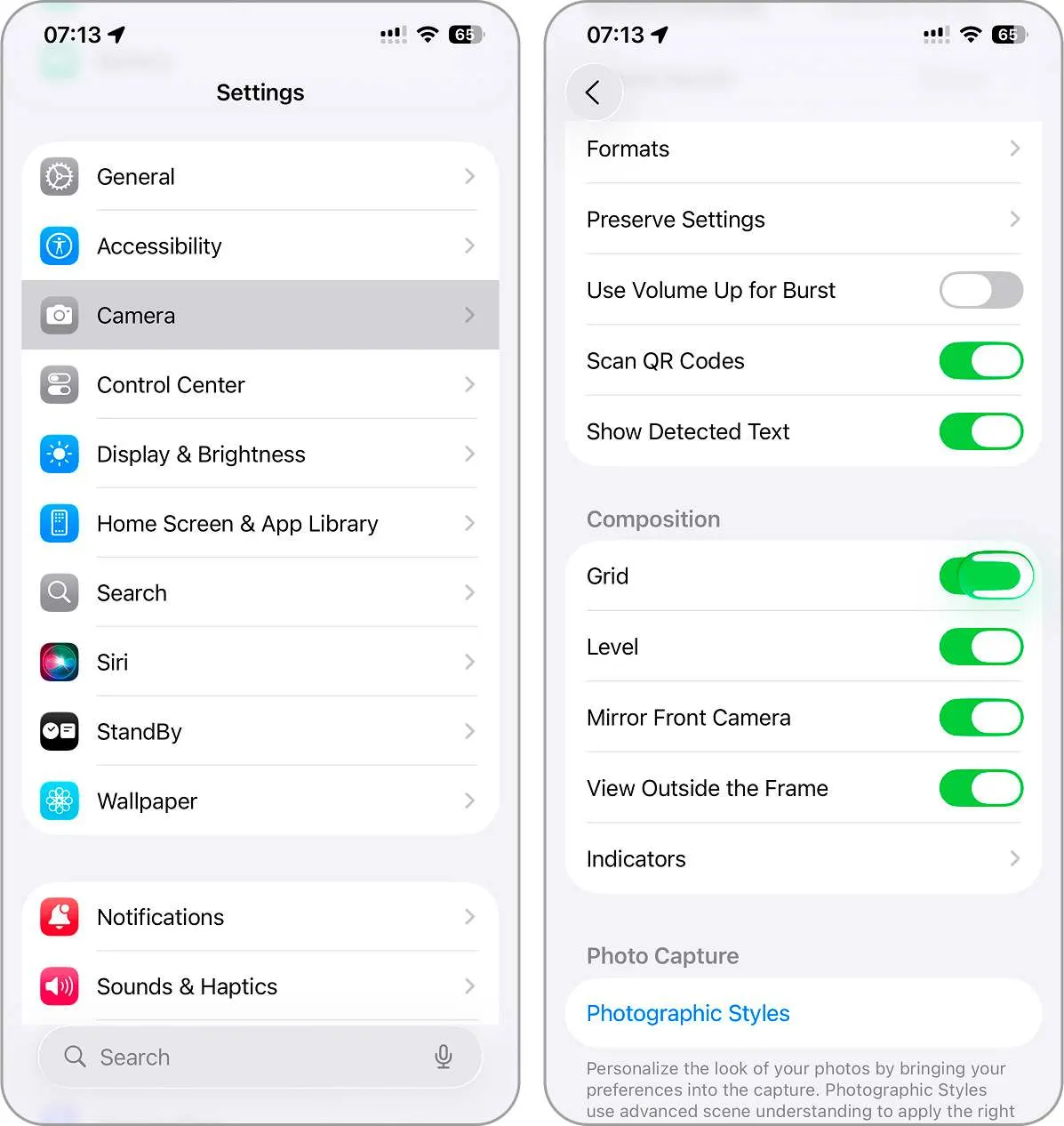 Smartphone settings and camera options screens
