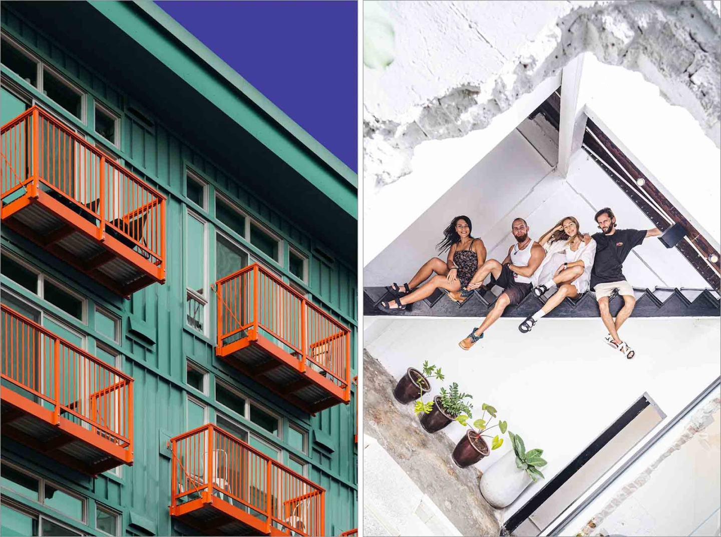 Colorful building facade; friends lounging in urban loft
