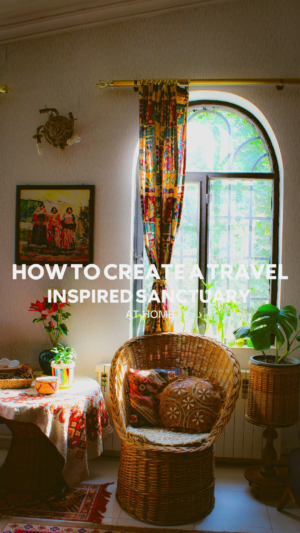 Travel-themed cozy room with vibrant curtains and decor