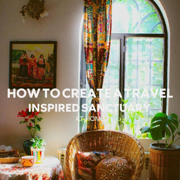 Travel-themed cozy room with vibrant curtains and decor