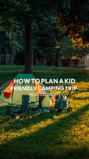 Camping gear in park for kid-friendly trip in Mississippi