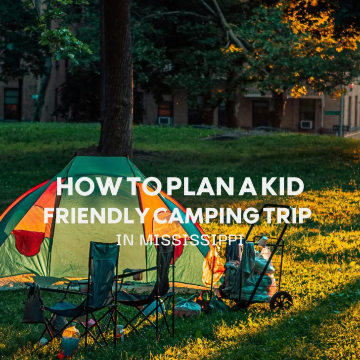 Camping gear in park for kid-friendly trip in Mississippi