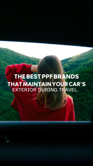 Woman looking at mountains from car with text overlay