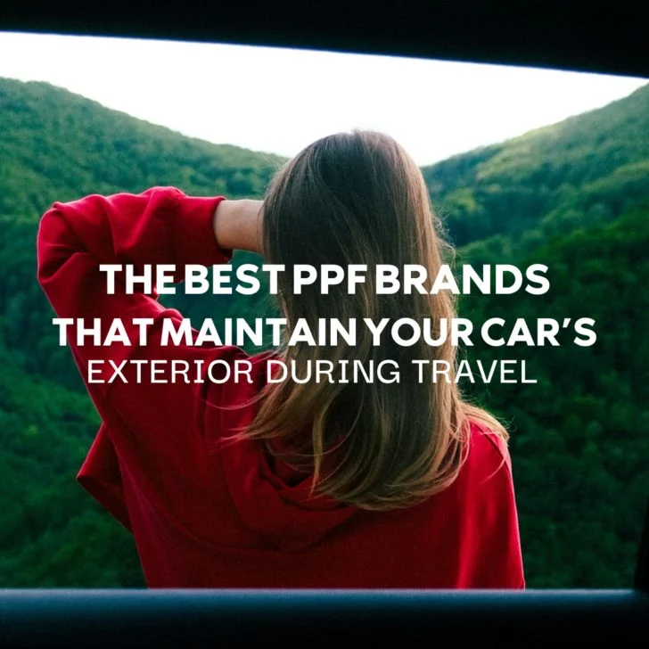 Woman looking at mountains from car with text overlay