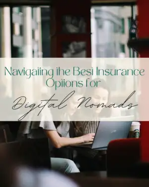 Digital nomads researching insurance options on laptop in cafe