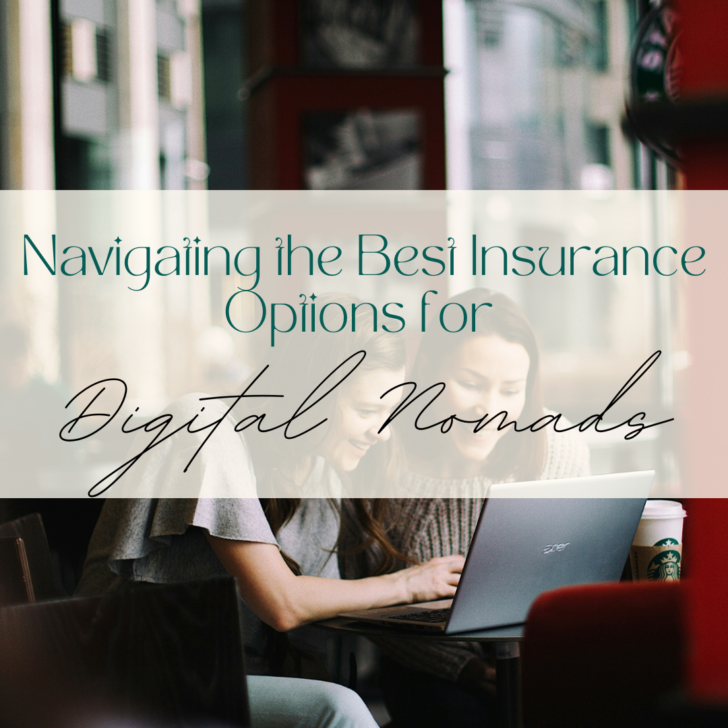 Digital nomads researching insurance options on laptop in cafe