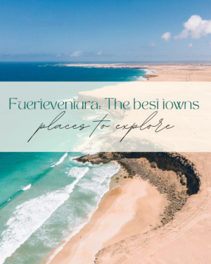 Aerial view Fuerteventura coastline and text overlay