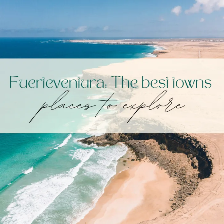 Aerial view Fuerteventura coastline and text overlay