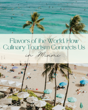 Miami beach with palm trees and people enjoying