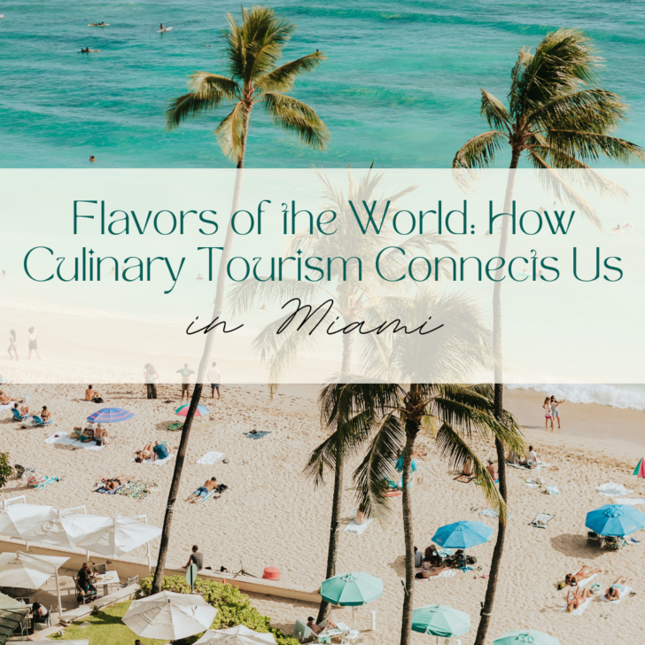 Miami beach with palm trees and people enjoying