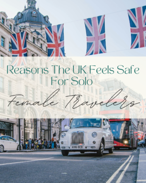 London street scene with flags, taxi, and bus