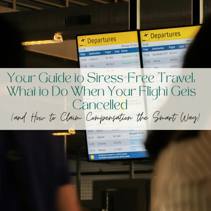 Airport departure boards with travel guide overlay text