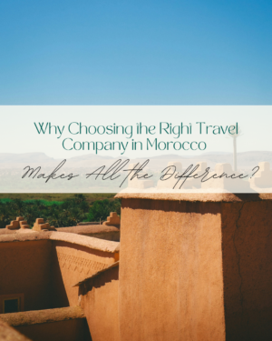 Moroccan architecture with travel company advertisement text