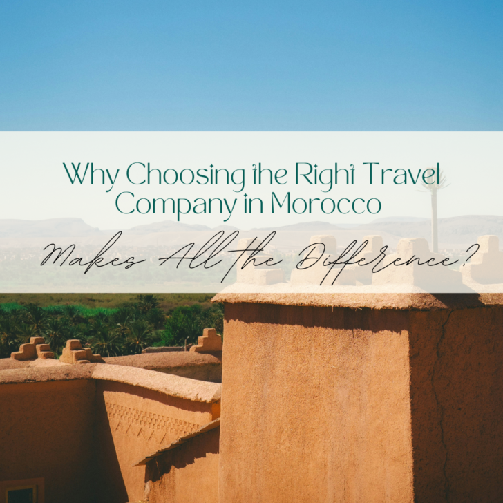 Moroccan architecture with travel company advertisement text