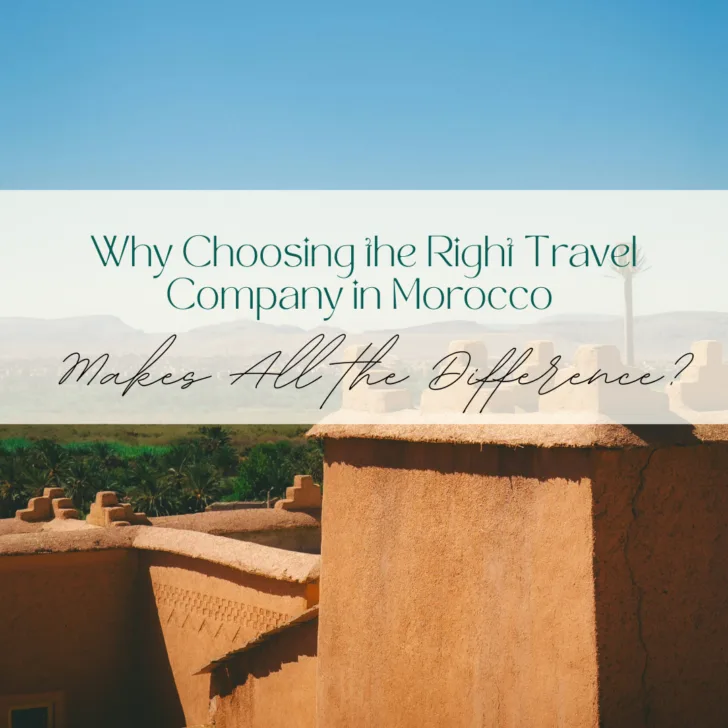 Moroccan architecture with travel company advertisement text