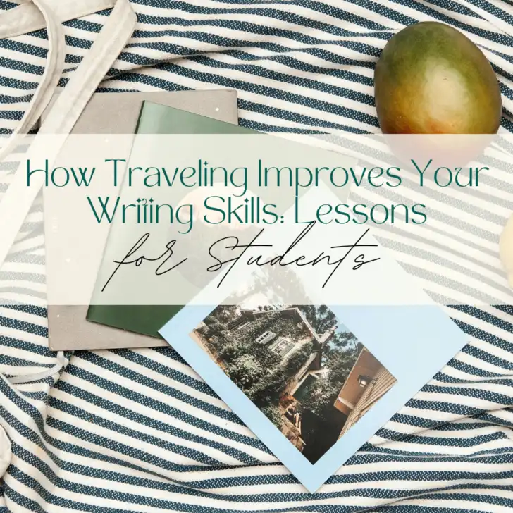 Book and mango on striped fabric, writing travel tips.