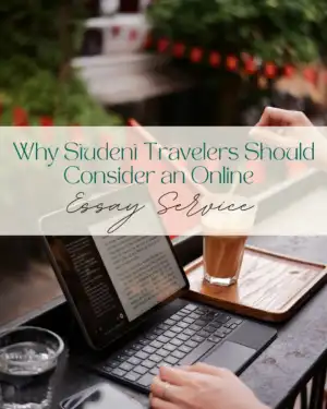 Outdoor cafe with tablet displaying essay service ad