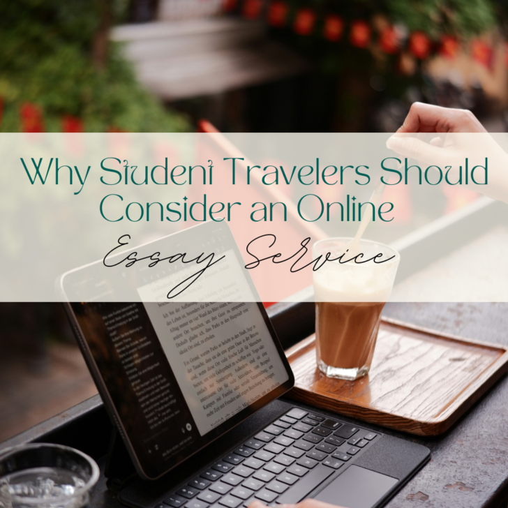 Outdoor cafe with tablet displaying essay service ad