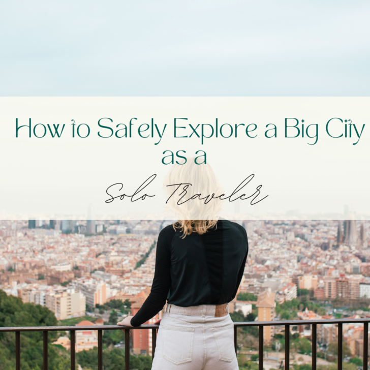 Woman overlooking cityscape from balcony, contemplating travel safety