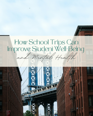 Manhattan Bridge viewed between brick buildings with text overlay