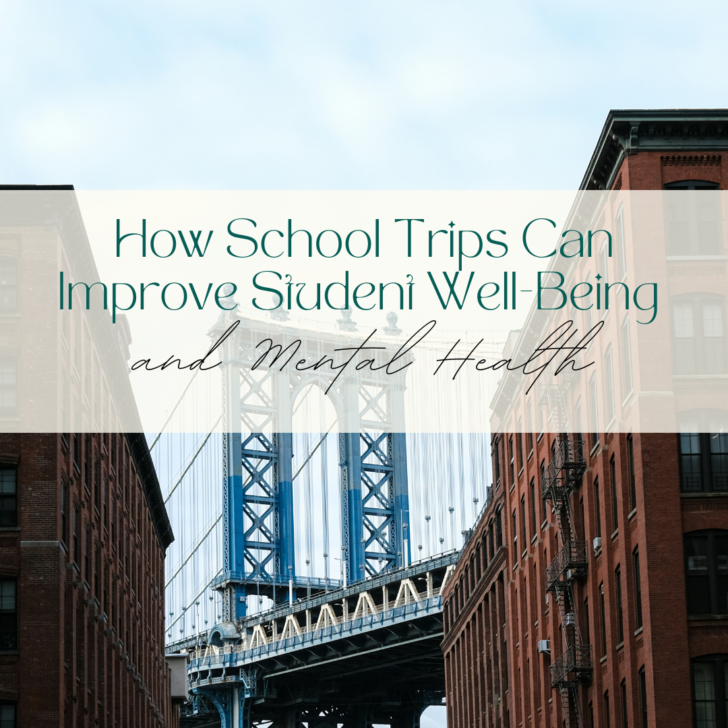 Manhattan Bridge viewed between brick buildings with text overlay