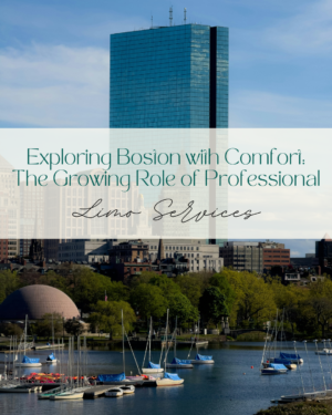 Boston skyline with sailboats and promotional limo services text