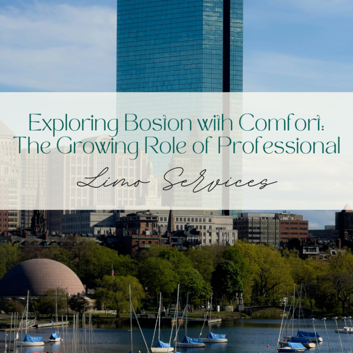 Boston skyline with sailboats and promotional limo services text