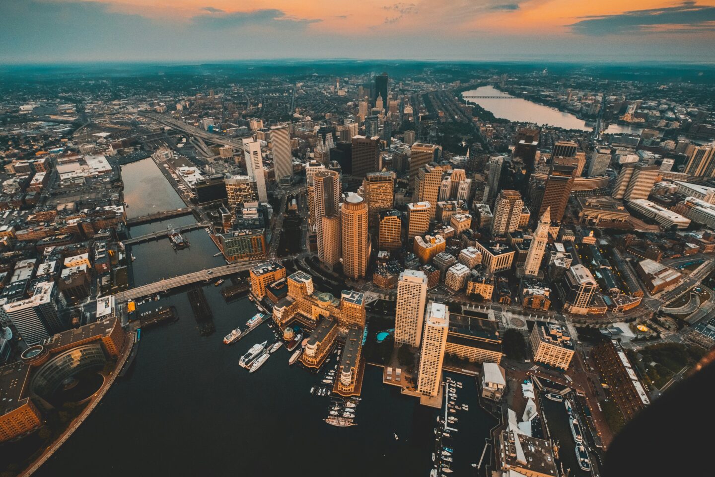 Aerial view of bustling cityscape at sunset