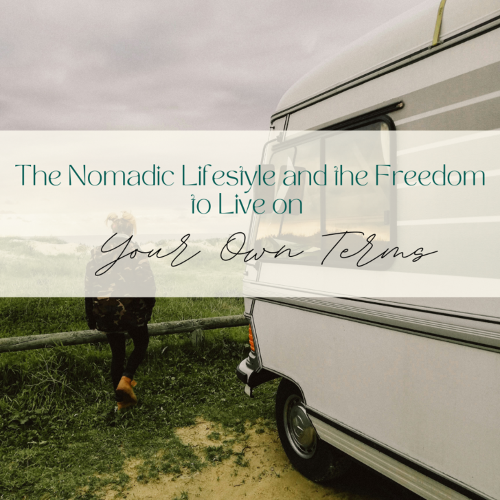 Person near camper van with nomadic lifestyle text overlay