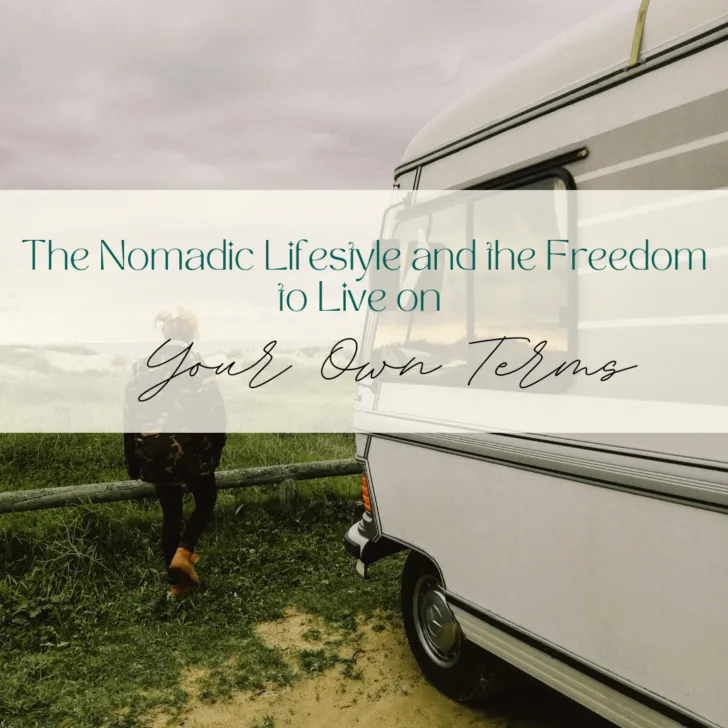 Person near camper van with nomadic lifestyle text overlay