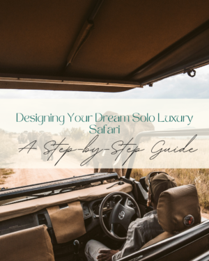 Open safari vehicle on dusty trail with guide book overlay