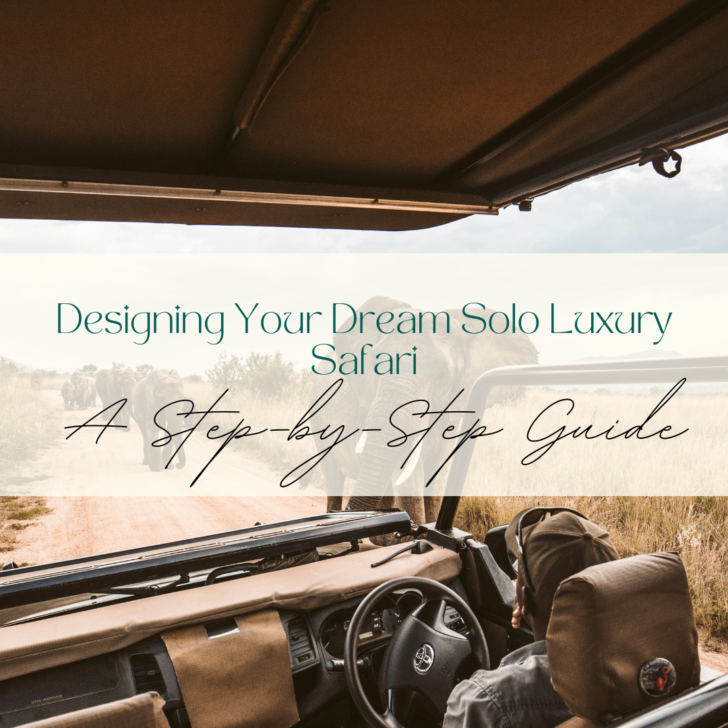 Open safari vehicle on dusty trail with guide book overlay