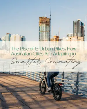 E-bike on riverfront path with city skyline construction