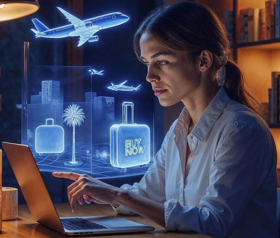 Woman viewing futuristic travel holograms on laptop