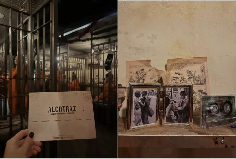 Hand holding 'Alcatraz' ticket with prison cells in background