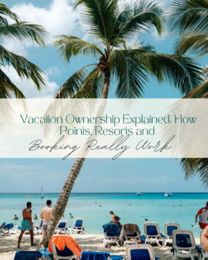 Tropical beach scene with vacation ownership explanation text
