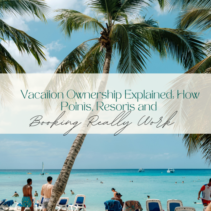 Tropical beach scene with vacation ownership explanation text