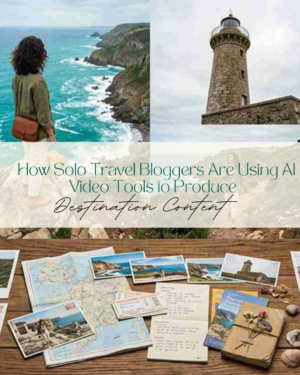 Travel blogger overlooking cliffs, lighthouse, and planning maps
