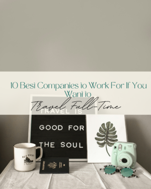 Travel-themed desk with camera, passport, and motivational sign