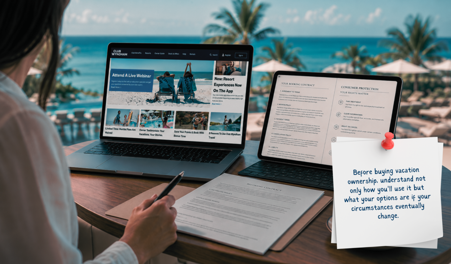 Woman researching vacation options on laptop overlooking beach