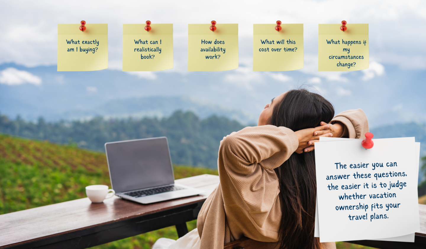 Woman reviewing vacation questions on sticky notes outdoors