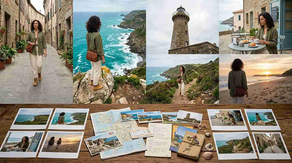 Woman exploring scenic coastal village and landscapes