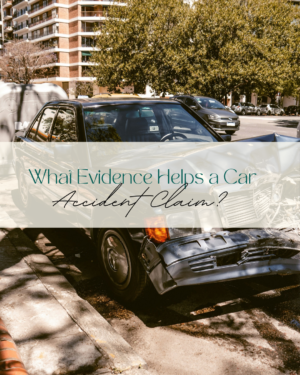 Damaged car on urban street with informational overlay text