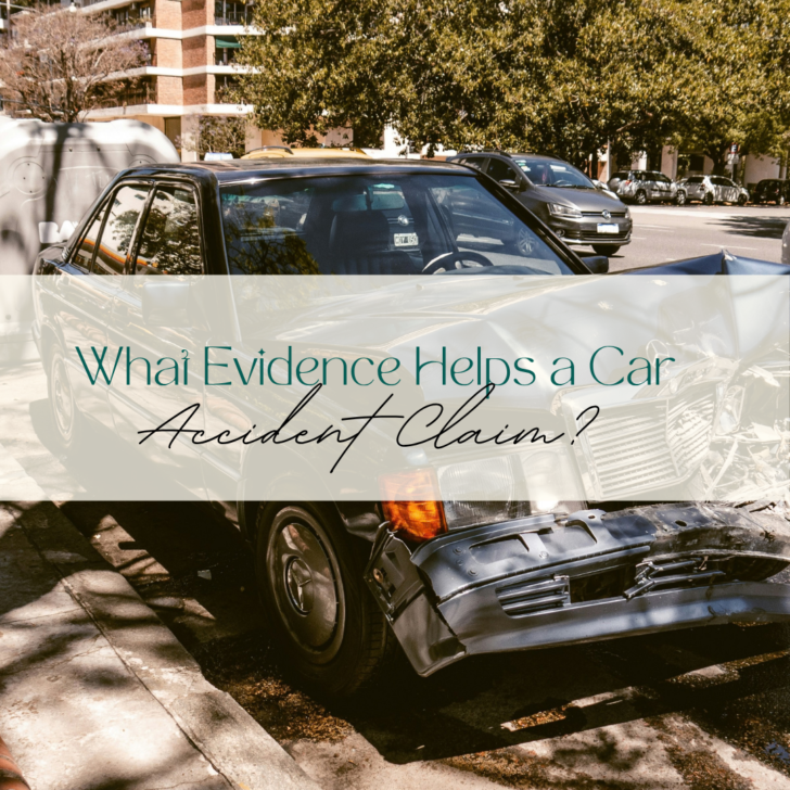 Damaged car on urban street with informational overlay text