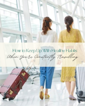 Women walking in airport with suitcases and health tips text