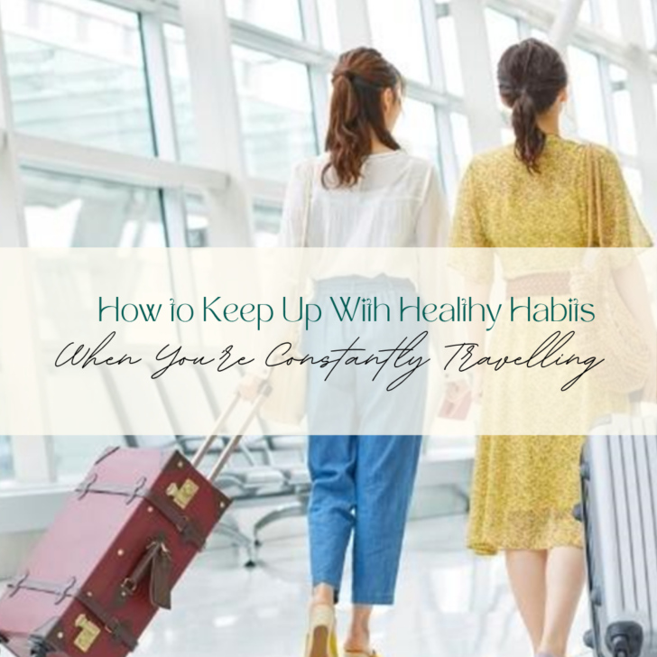 Women walking in airport with suitcases and health tips text