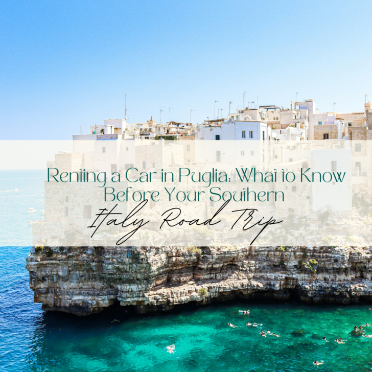 Coastline of Puglia, Italy with cliffside buildings and swimmers