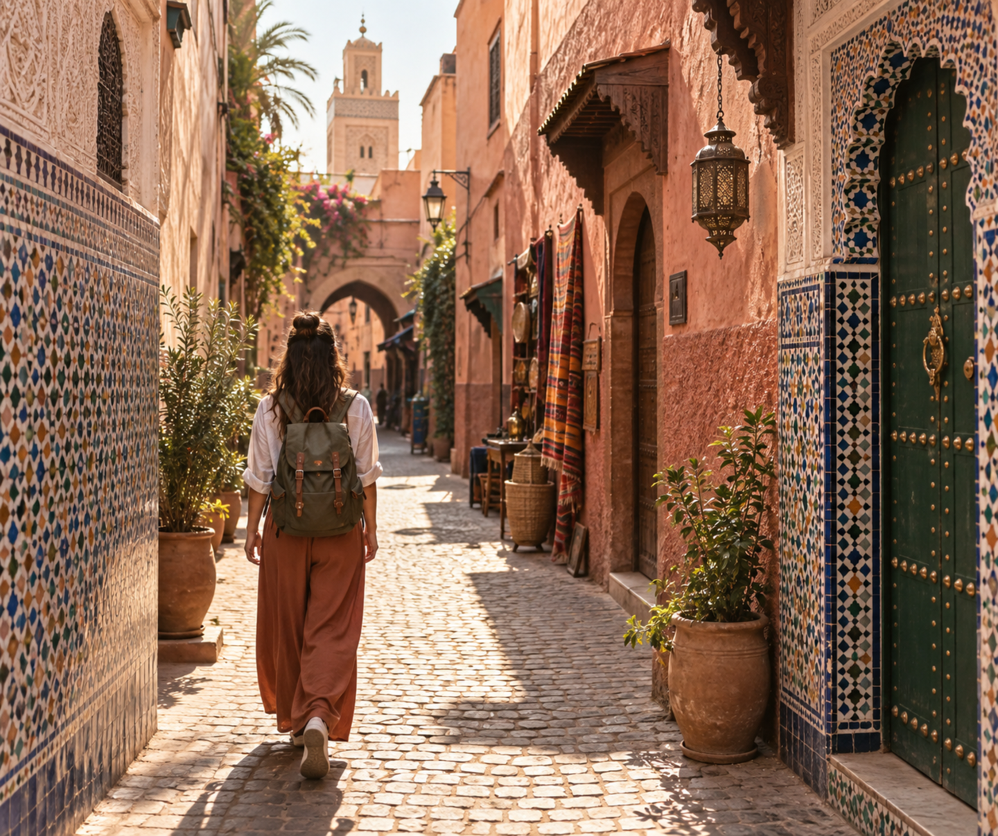 Woman exploring Moroccan street with traditional tile and decor