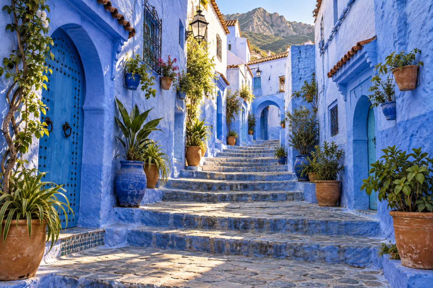 Blue-washed alley in Chefchaouen, Morocco with plants