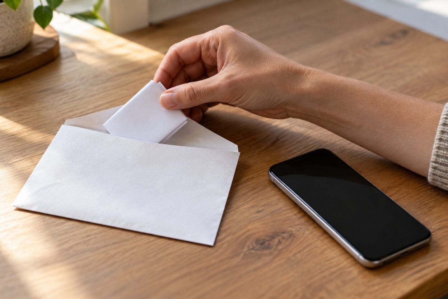 Person inserting note into envelope on wooden table